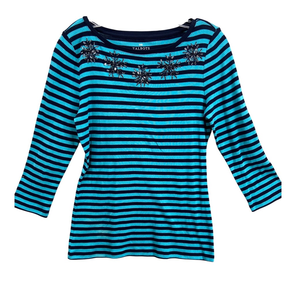 Talbots Shirt Womens M Blue Black‎ Stripe Boat Neck 3/4 Sleeve Beaded Snowflake